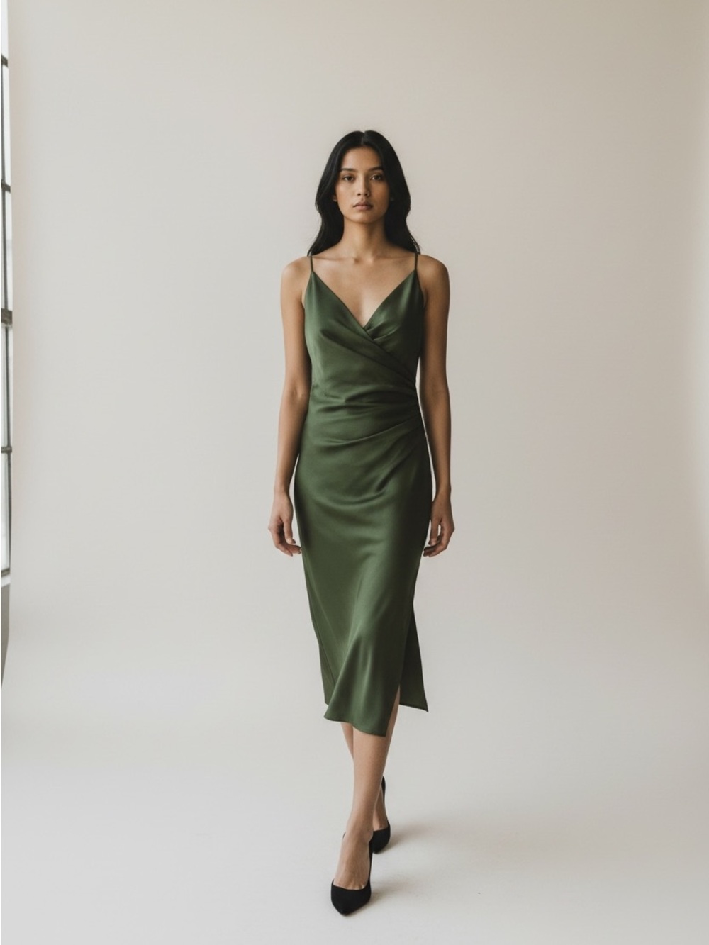 Zara Olive Green Satin Cowl Slip Dress